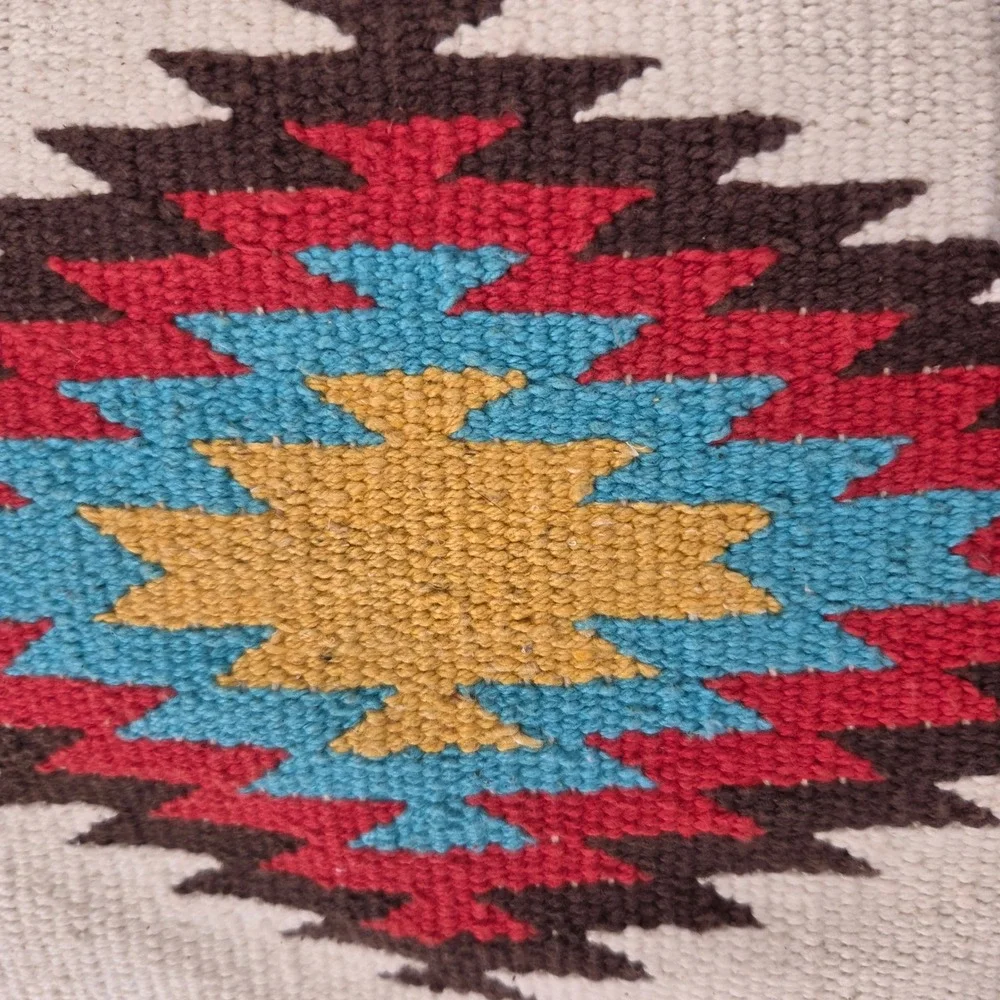 Prüne Woven Southwestern Geometric Tote Bag Cream Red Leather Straps Large